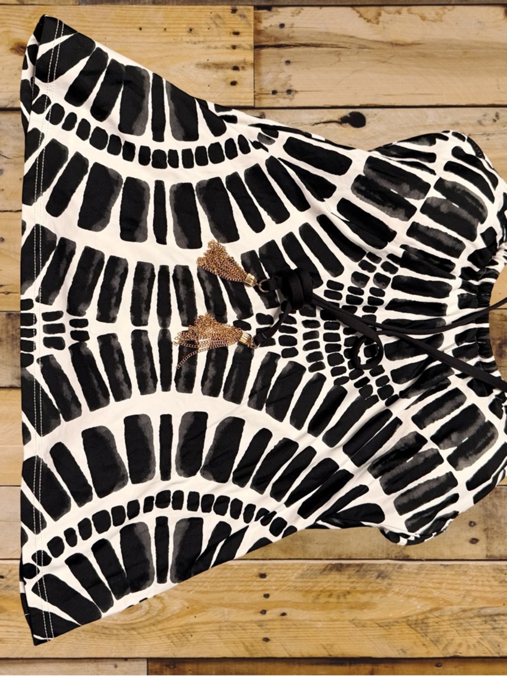 Trina Turk Bandeau Halter Swim Top Black White Abstract Print Gold Tassel Small - Picture 4 of 5